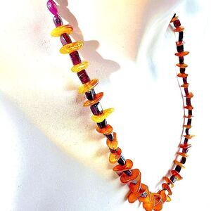 Vintage golden Baltic amber and purple garnet necklace 24” graduated.